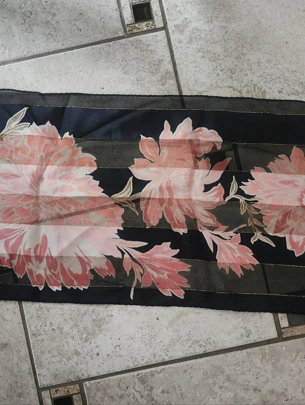 Vtg Sheer Black Floral Silk Scarf with Pink Bloom Print